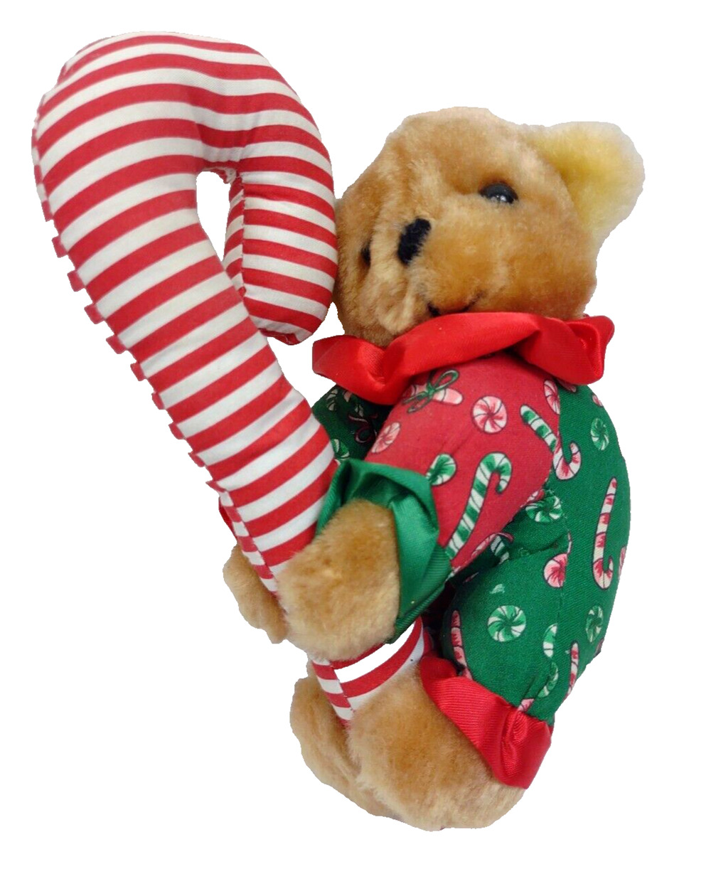 Vintage 1995 Stuffed Mini Teddy Bear Clutching a Candy Cane by Giftco
